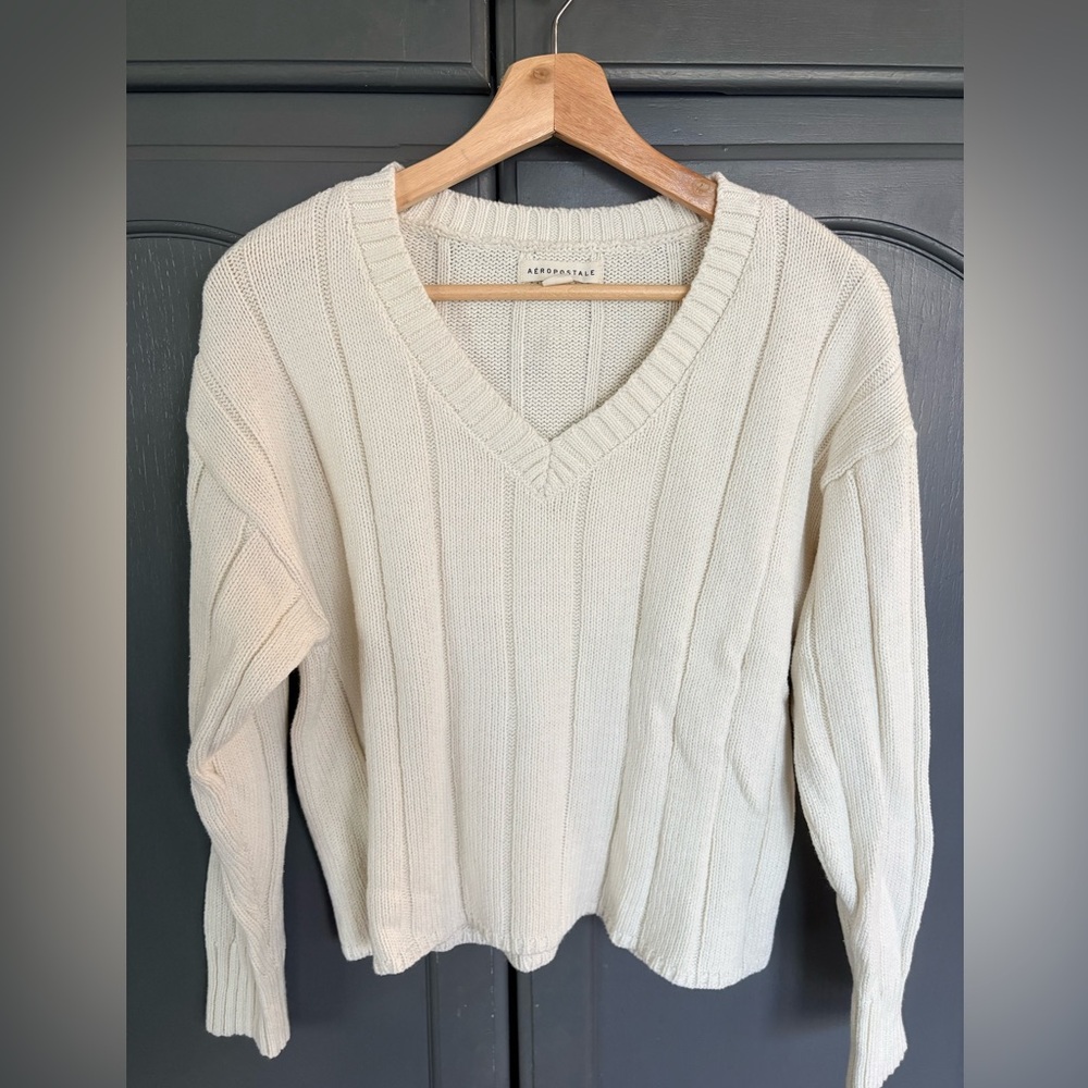 Aéropostale Ribbed V Neck Sweater Bundle XS/S Green & Cream Cropped Knit - Picture 2 of 8